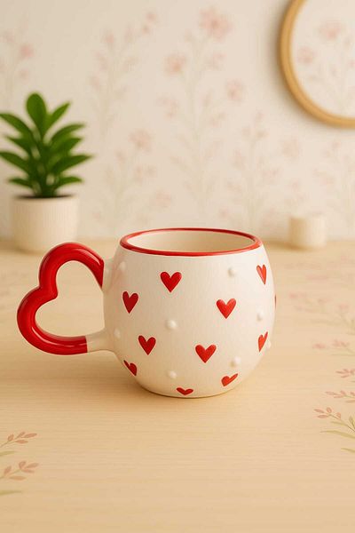 İZart Heart Handle Dotted Heart Patterned Special Embossed Hand Embroidered Ceramic Mug