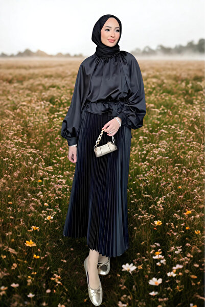 comstar Kadın Basic Yüksek Bel Piliseli Bol Siyah Uzun Etek