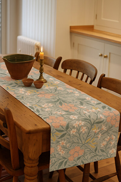 ALAMODECOR Vintage Yeşil Çiçekli Runner Etnik Bohem Desenli Dijital Baskılı R...