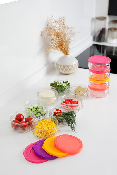 YUNUSOĞLU HOME Premium Breakfast Set of 12 410 Cc |   Glass Storage Container with Colorful Plastic Lid, Airtight