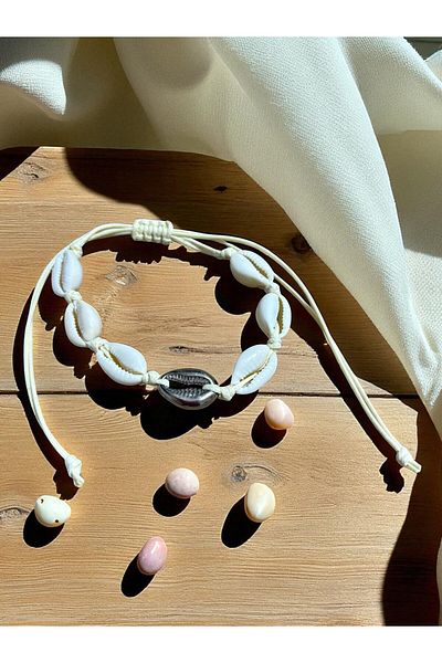 Major Butik Seashell Single Row Leather String Bracelet Anklet Cream