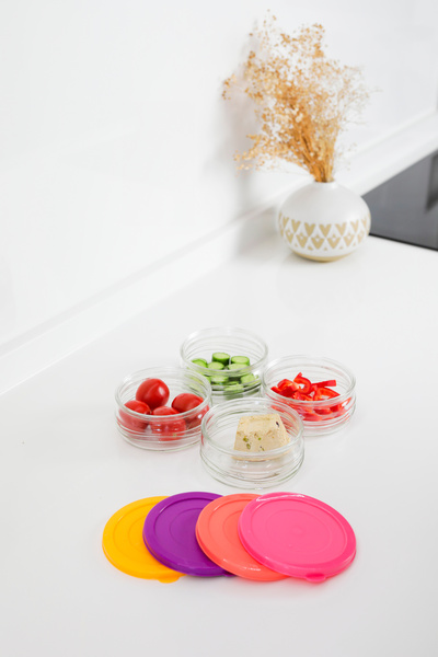 YUNUSOĞLU HOME Premium Breakfast Set of 4 410 Cc | Colorful Plastic Lid, Glass Storage Container, Airtight