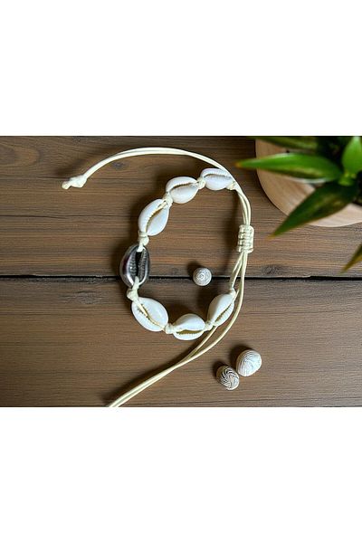 Major Butik Seashell Single Row Leather String Bracelet Anklet Cream