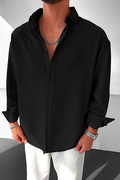 WAMOSSALAPLI Мъжка черна риза Ayrobin Textured Owersie Linen