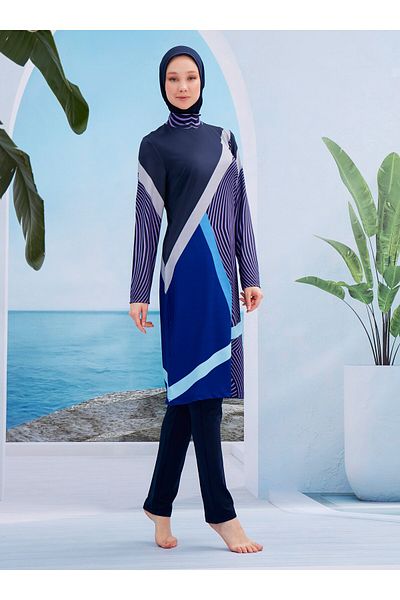 MAYOU Μοντέρνο ριγέ μαγιό Hijab - Navy Blue -