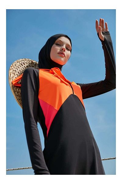 MAYOU Two-Color Sports Hijab Swimsuit with Finger-Snaping Sleeves and Garnish - Black Orange Pomegranate -