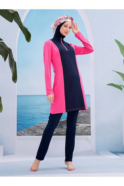 MAYOU Garnished Hijab Swimsuit - Fuchsia Navy Blue -