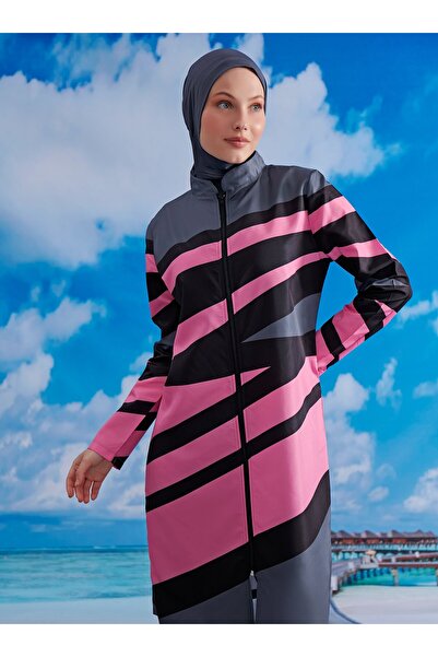 MAYOU Verev Çizgili Tesettür Mayo - Antrasit Fuşya -