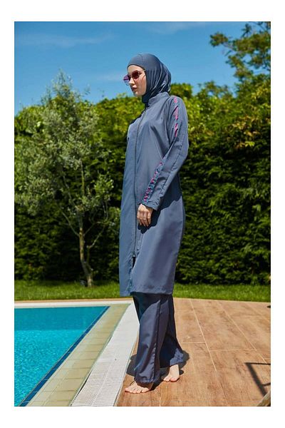 MAYOU Hijab Swimsuit with Striped Sleeves - Anthracite Fuchsia -Mayou