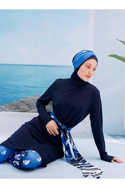 MAYOU Sailing Pattern Hijab Swimsuit Navy Blue
