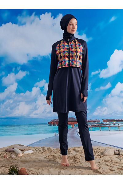MAYOU Modern Colorful Hijab Swimsuit - Navy Blue -