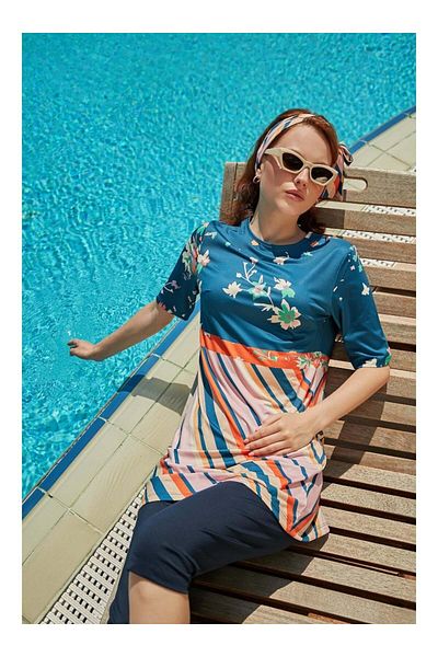 MAYOU Floral Stripe Pattern Half Covered Swimsuit - Mixed Color -