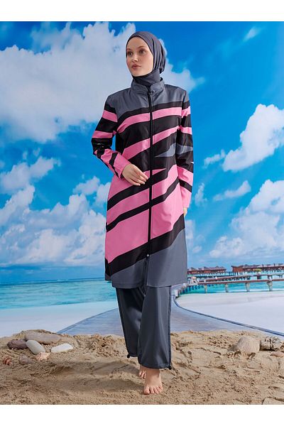 MAYOU Verev Striped Hijab Swimsuit - Anthracite Fuchsia -
