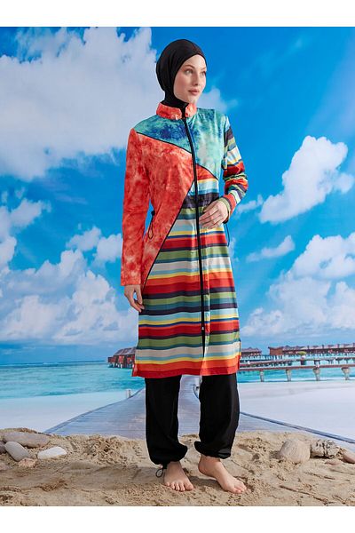 MAYOU Multicolored Striped Hijab Swimsuit - Mixed Color -