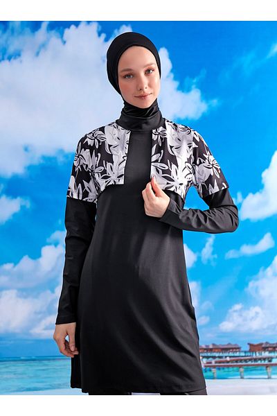 MAYOU Crop Look Hijab μαγιό - Ασπρόμαυρο -