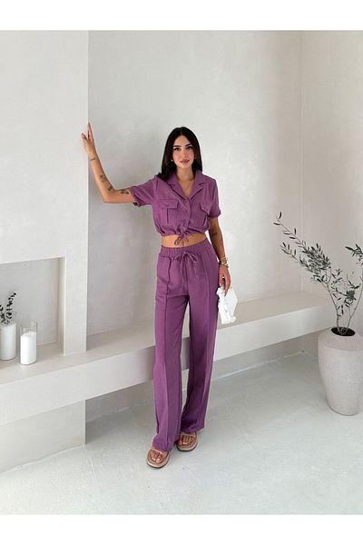 WellWay Imported Linen Fabric Yarn Detailed Crop Shirt & Trousers Two-Piece Set - Purple