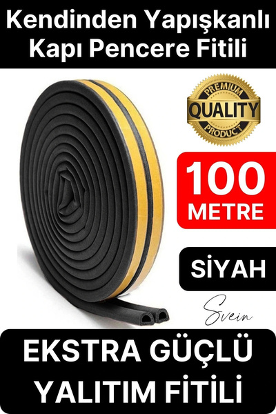 Svein Kalın Kauçuk 2x50=100 mt Ekstra Uzun Siyah Kapı Pencere Fitili Soğuk Ko...