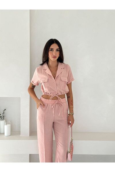 WellWay Imported Linen Fabric Yarn Detailed Crop Shirt & Trousers Double Set - Pink