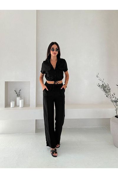 WellWay Imported Linen Fabric Yarn Detailed Crop Shirt & Trousers Double Set - Black