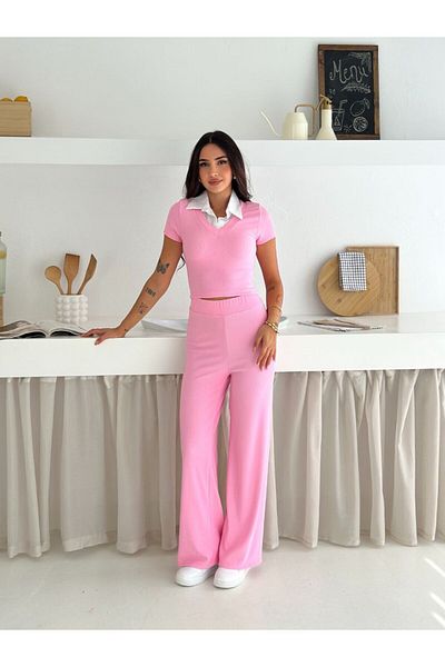 WellWay Ottoman Fabric Shirt Collar Detailed Blouse & Trousers Two-Piece Set-Pink