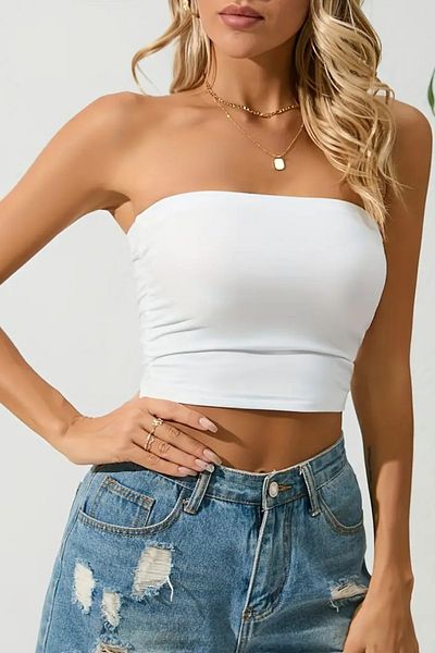 Olyssia Women's White Strapless Crop Top – Single Jersey Fabric Bustier / Stretchy Stylish Basic Blouse