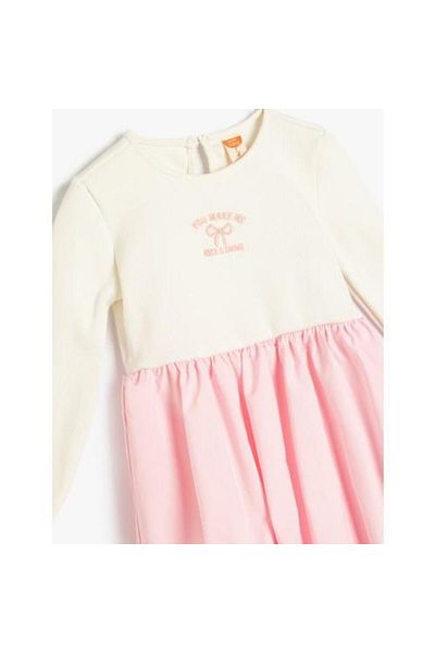 Koton Cotton Long Sleeve Balloon Dress - Round Neck and Embroidery Detail