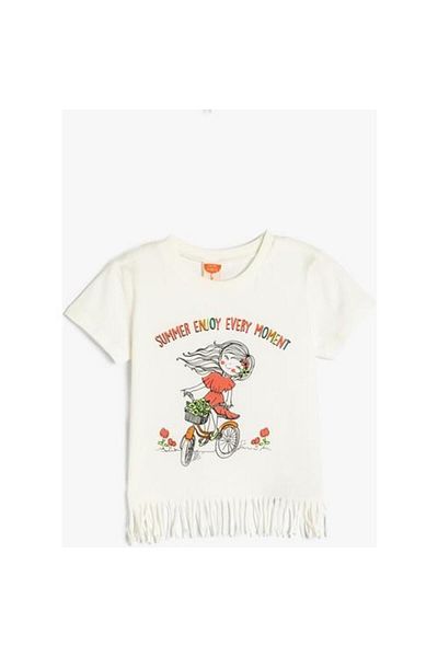 Koton Tassel Detailed Printed Cotton Crew Neck Short Sleeve T-Shirt