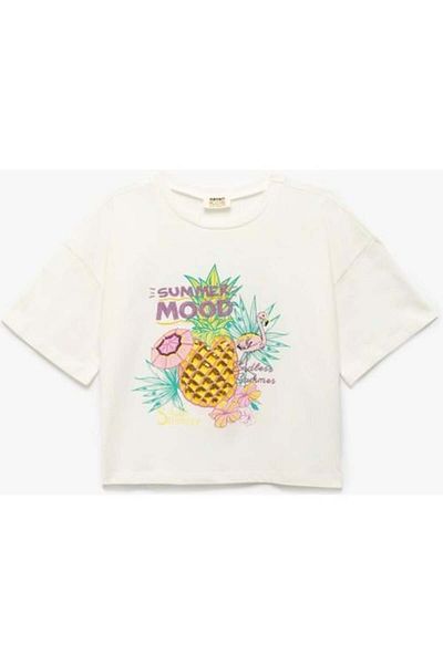 Koton Pineapple Printed Ecru Girl's T-Shirt 5Skg10143Ak