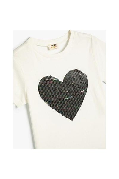 Koton T-Shirt Sequined Sequined Heart Crew Neck Βαμβακερό