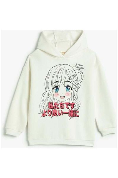 Koton Anime Hooded Sweatshirt Raised Long Sleeve