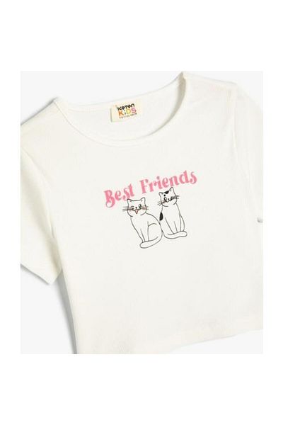 Koton Cotton Short Sleeve T-Shirt - Cat Printed, Crew Neck