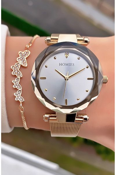Homies Yellow Silver Colored Waterproof Women's Wristwatch and Bracelet Gift