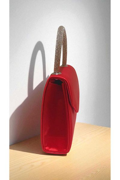 Butik Satin Sax Blue Evening Bag – Silver Stone Handle, Lined Large Internal Volume