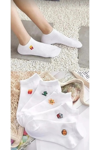 Bhk butik Комплект от 5 чифта дамски бели чорапи до глезена с шарки, които ще донесат радост към вашия стил