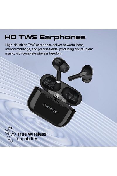 Promate True Wireless Bluetooth Earbuds, Premium Touch Control Bluetooth v5.3 EarPods with 30H Playb