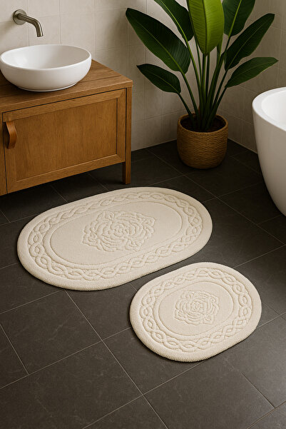 HOMEMOME Cotton Oval Bath Mat Set of 2 Ecru 60*100 & 50*60