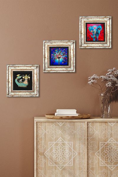 Pinecone Elephant, Tree of Life, Shahmeran Stone Wall Painting Framed Wall Decor 3 Piece Painting Set Tk3-322