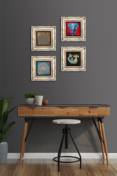 Pinecone Elefant, Floarea Vieții, Pictură pe perete din piatră Shahmeran Decor de perete înrămat Set de pictură 4 piese Tk4-485