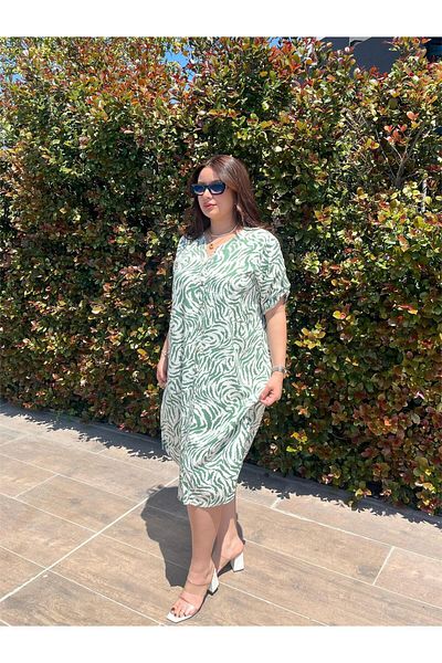 ELSEBUTİKTR Women's Loose Cut Cotton Viscose Dress with Sleeve Epaulettes