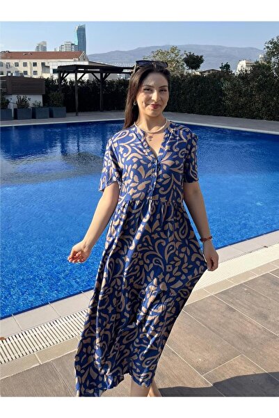 ELSEBUTİKTR فستان نسائي صيفي من الفيسكوز بياقة حكيم بنمط أزرق وبيج