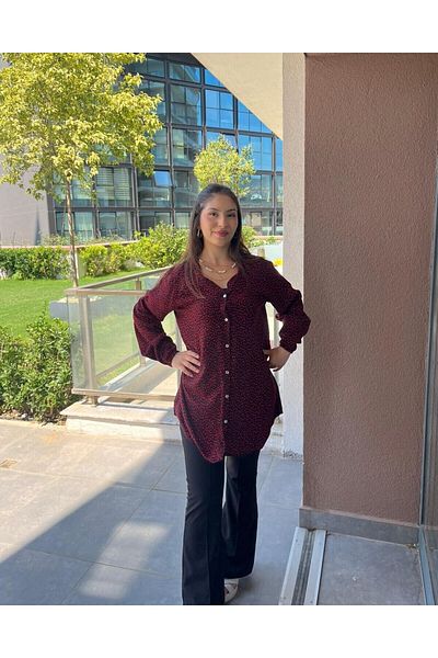 ELSEBUTİKTR Women's Patterned Long Sleeve Cotton Viscose Tunic Shirt