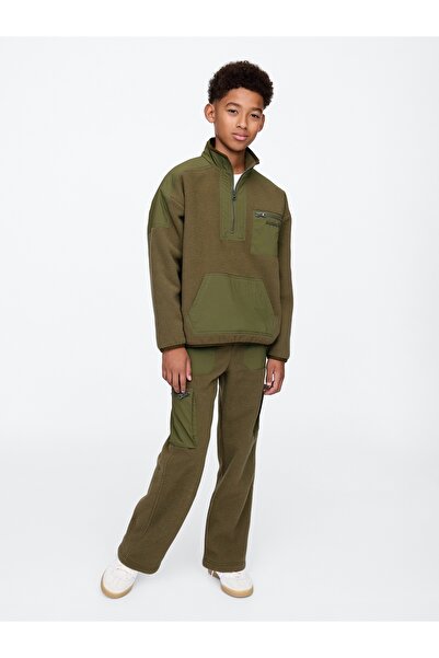GAP Erkek Çocuk Haki Yarım Fermuarlı Sherpa Pullover Sweatshirt
