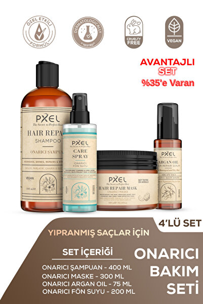 PXEL Onarıcı Şampuan – Maske – Argan Serum – Fön Suyu 4’lü Set |400 ML, 300 M...
