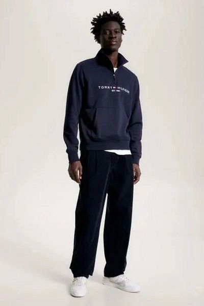 Tommy Hilfiger Men's Navy Blue Sweats with Brand Logo Half Zipper Organic Cotton Stand Collar on the Chest and Sleeves