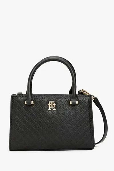 Tommy Hilfiger Women's Monogram Th Logo Printed Zipper Closure Black Shoulder Bag Aw0Aw16932-Bds
