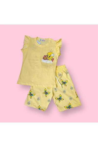 Modish Girls Tweety Printed Ruffle Sleeve T-Shirt and Shorts Set