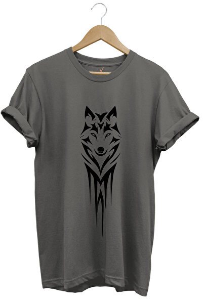 MODA Tricou de bază cu gât rotund, 100% bumbac, antracit, cu imprimeu Wolf