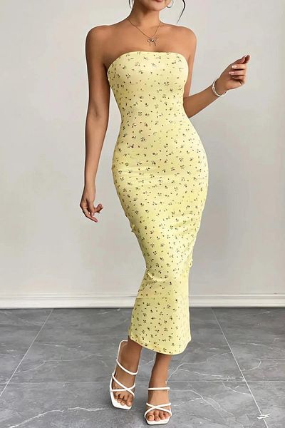Baby xclub Women's Yellow Strapless Patterned Printed Lycra Stylish Trend Casual Summer Pinterest Long Dress