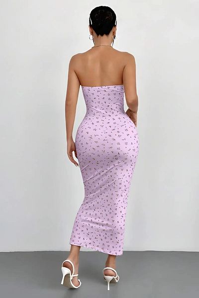 Baby xclub Women's Lilac Strapless Patterned Printed Lycra Stylish Trend Casual Summer Pinterest Long Dress