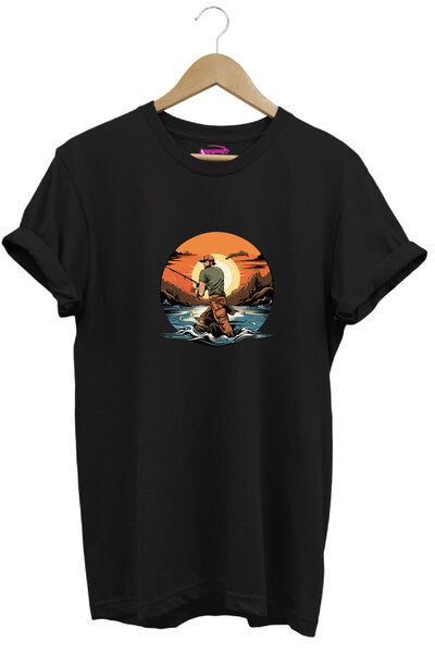 onsrawear Tricou de bază negru, 100% bumbac, imprimat cu peisaj marin și natu...